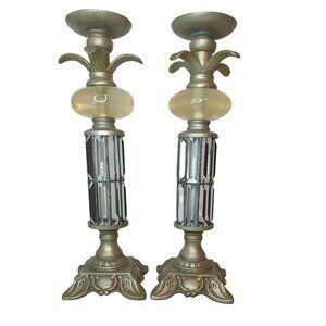 Vintage Pair Of Deco/Hollywood Regency Ornate Resin Glass Pillar Candle Holders